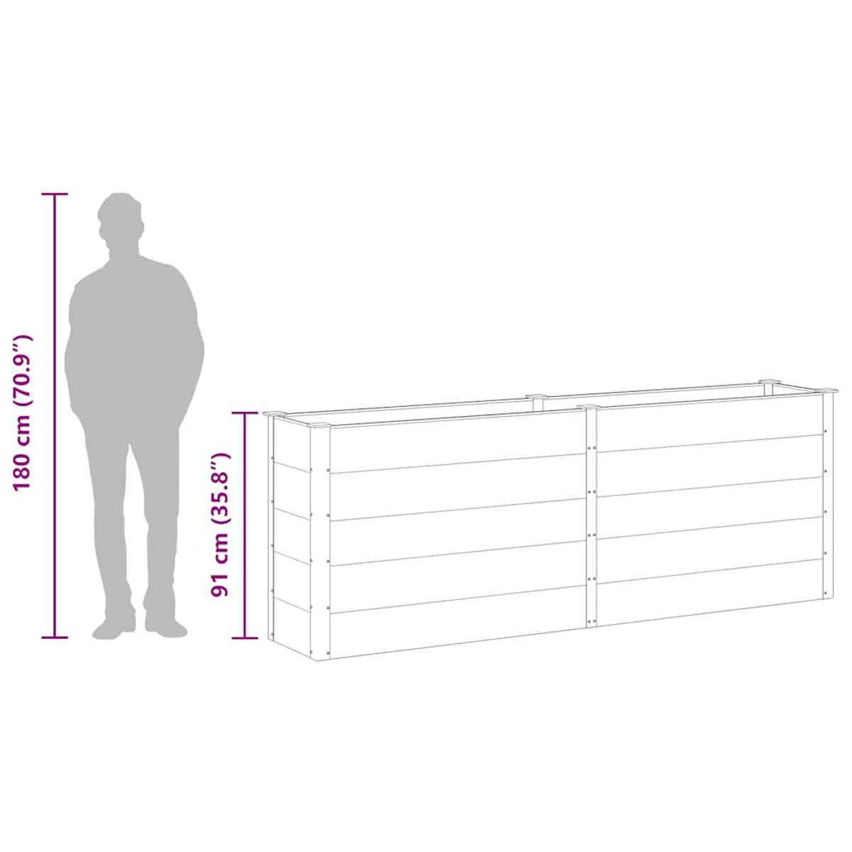Eine Person Silhouette steht neben einem großen rechteckigen Pflanzkasten. Die Maße sind angegeben: 180 cm (70,9") und 91 cm (35,8").