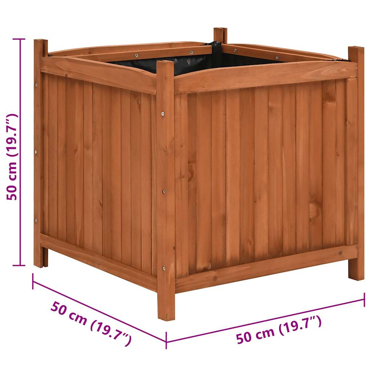 Quadratischer Pflanzkasten aus Holz, Abmessungen mit 50 cm (19,7") angegeben. Braunes Holz mit schwarzer Innenverkleidung.