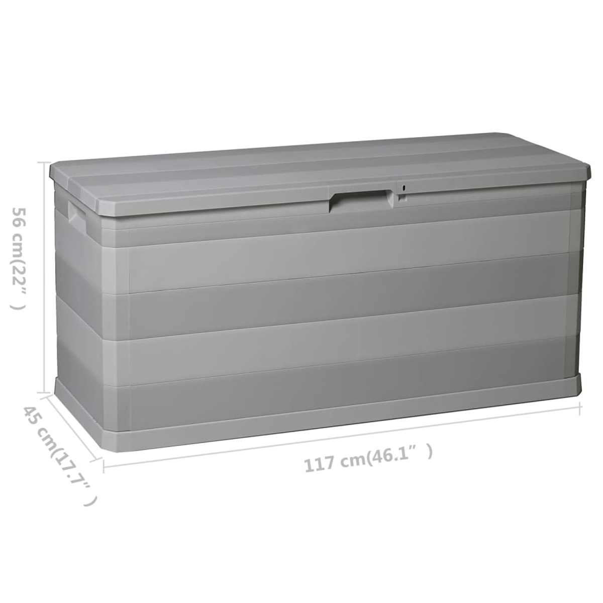 Eine graue Aufbewahrungsbox mit Deckel. Die Abmessungen sind 117 cm lang, 45 cm hoch und 56 cm breit. Sie ist rechteckig und aus Kunststoff.