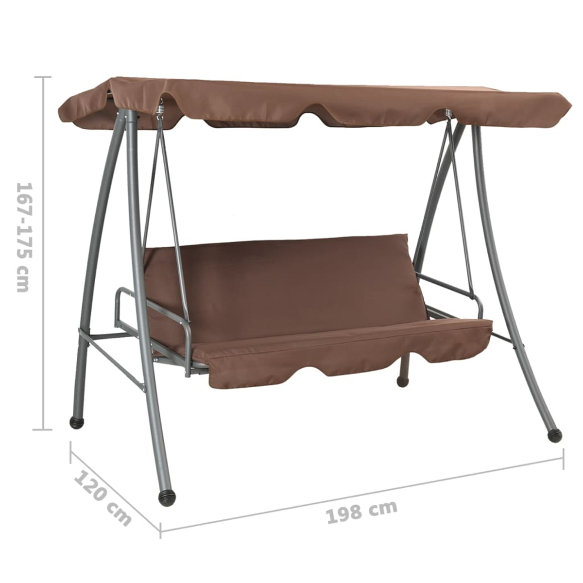 Eine braune Gartenschaukel mit Verdeck. Die Schaukel hat ein Metallgestell, eine Bank und ein Verdeck. Abmessungen sind angegeben.