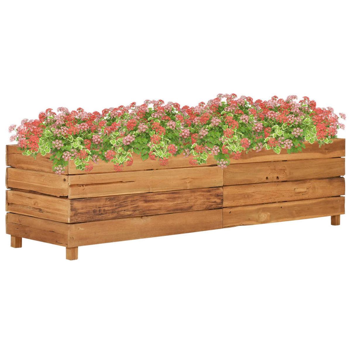 Eine Holzkasten mit rosa und grünen Blütenpflanzen. Die Kiste besteht aus horizontalen Holzbrettern.