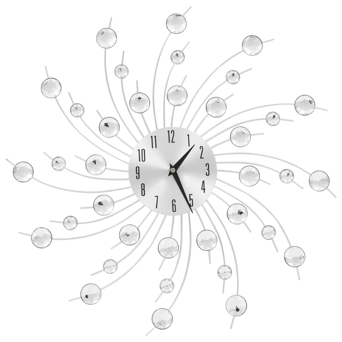 Eine silberne Wanduhr mit rundem Zifferblatt und schwarzen Zeigern. Sie hat strahlende silberne Linien mit kristallartigen Verzierungen.