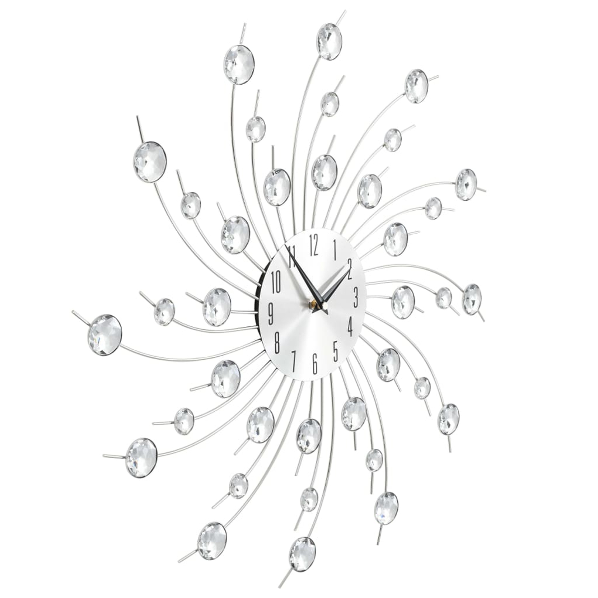Eine dekorative Wanduhr mit silbernem Zifferblatt und strahlenden Kristallakzenten. Die Zeiger zeigen auf 10 nach 2.