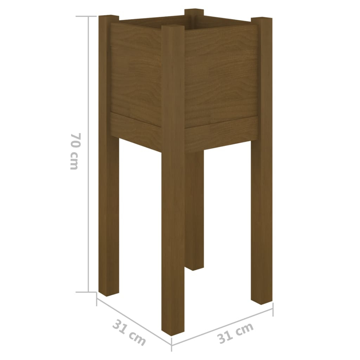 Ein Holzpflanzgefäß mit vier Beinen. Es ist braun und misst 70 cm in der Höhe und 31 cm in der Breite.
