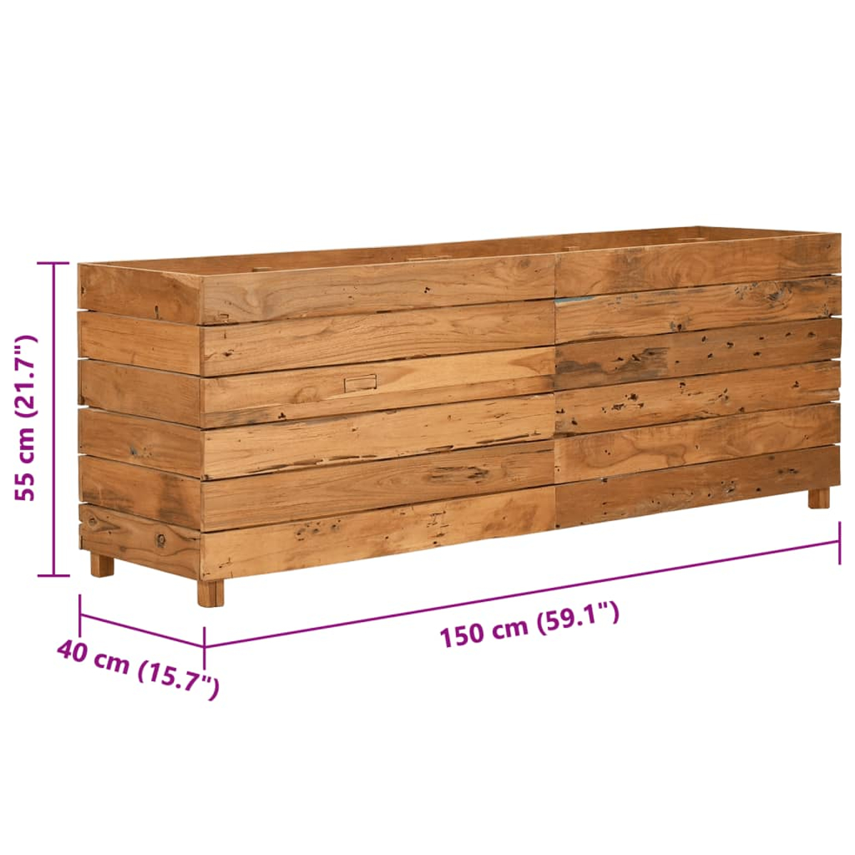 Rechteckiger Pflanzkasten aus Holz. Er besteht aus gestapelten Holzplanken. Abmessungen: 150 cm x 40 cm x 55 cm.