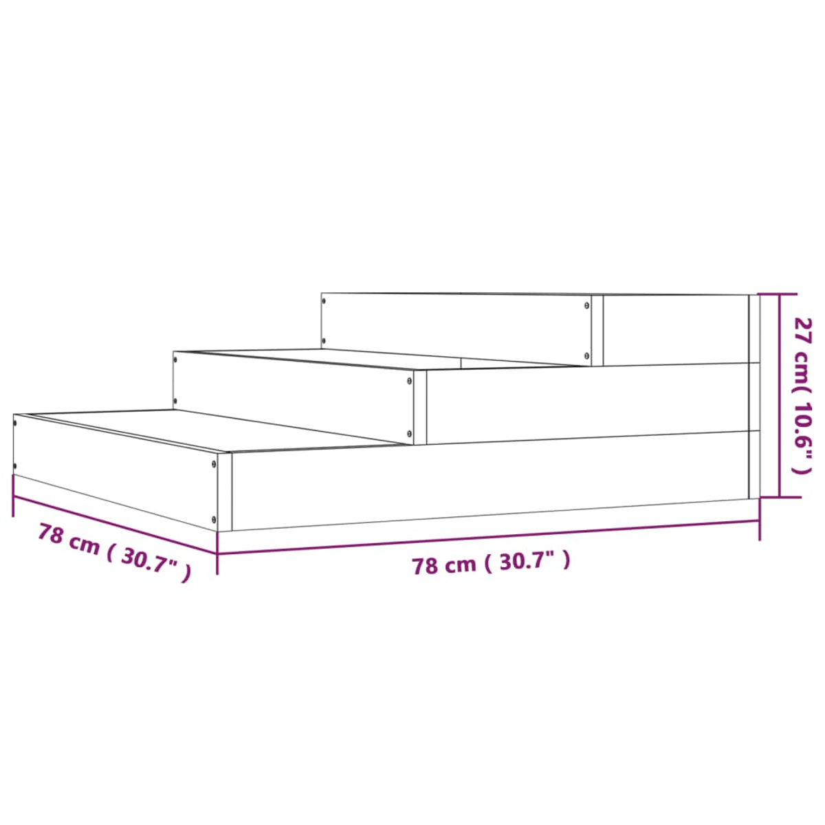 Eine dreistufige, weiße Holztreppe. Sie hat die Maße: 78 cm, 27 cm. Die Stufen sind horizontal angeordnet.