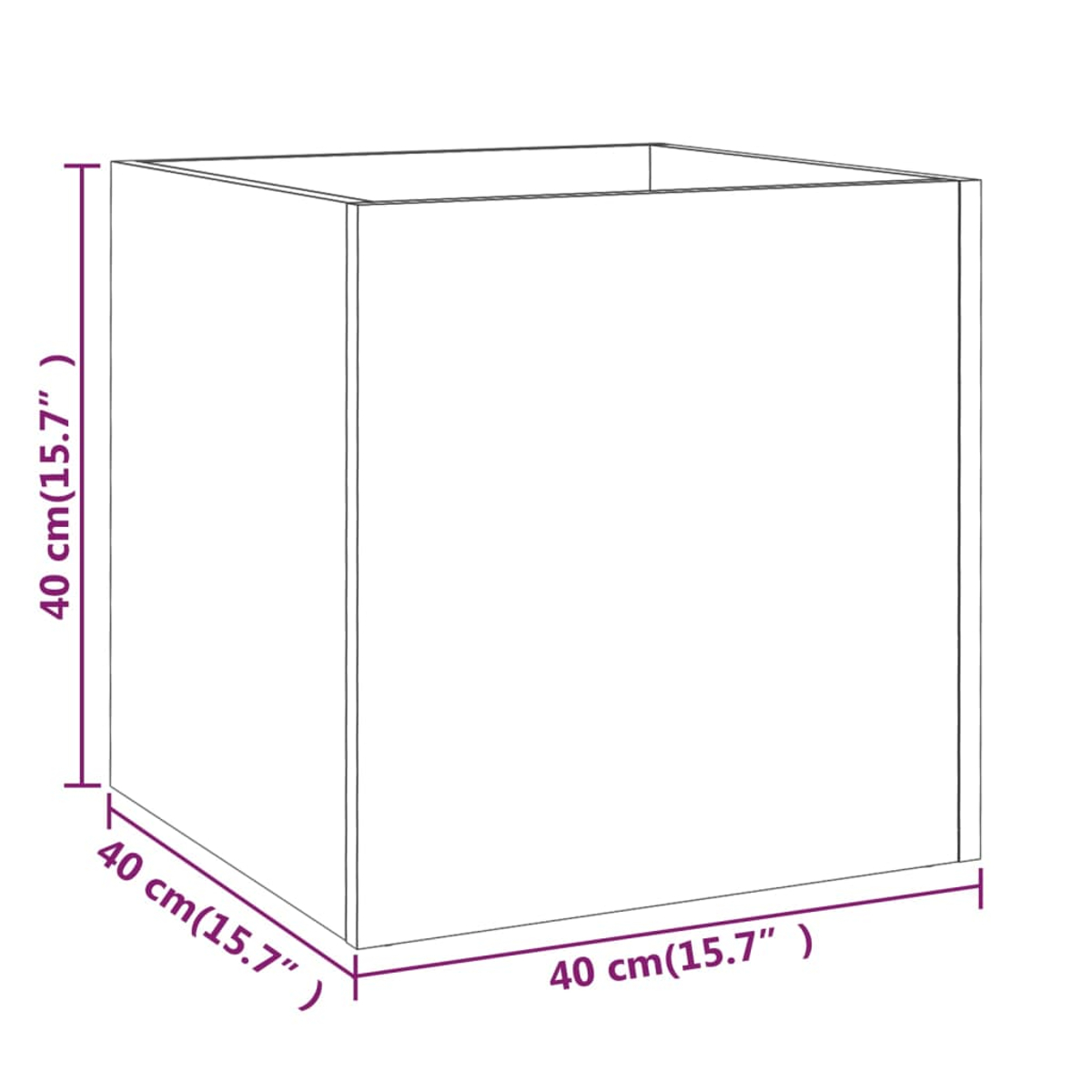 Ein weißer Würfel mit den Abmessungen 40 cm (15,7 Zoll) auf jeder Seite, die die Größe des Objekts zeigen.
