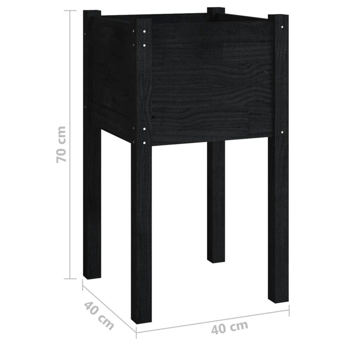 Ein schwarzer Holzpflanzkasten mit Beinen. Er ist 70 cm hoch und 40 cm breit. Die Holzmaserung ist sichtbar. Der Pflanzkasten ist leer.