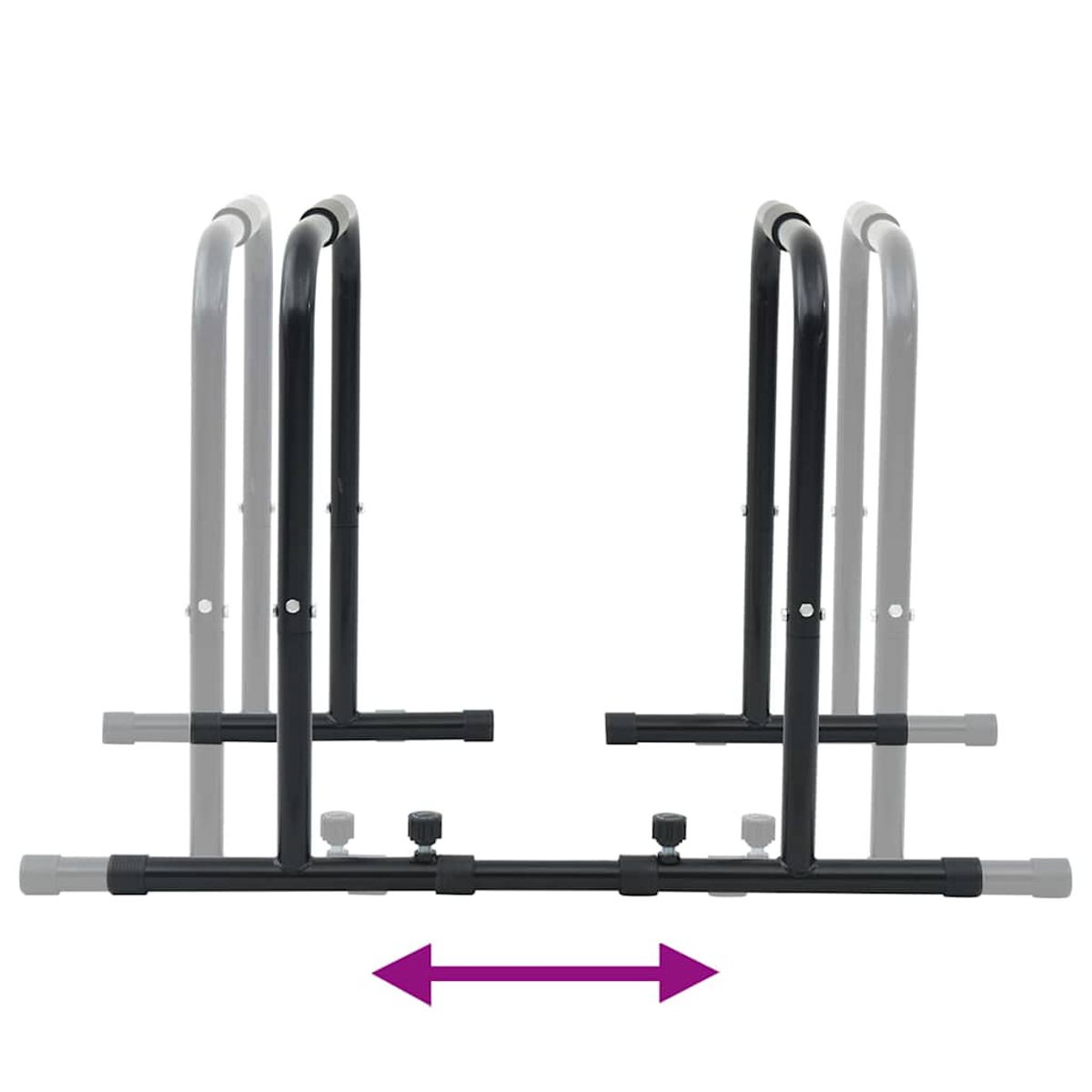 Schwarze und graue Trainingsgeräte. Es hat zwei Sätze paralleler Stangen. Ein violetter Pfeil zeigt die Verstellbarkeit.