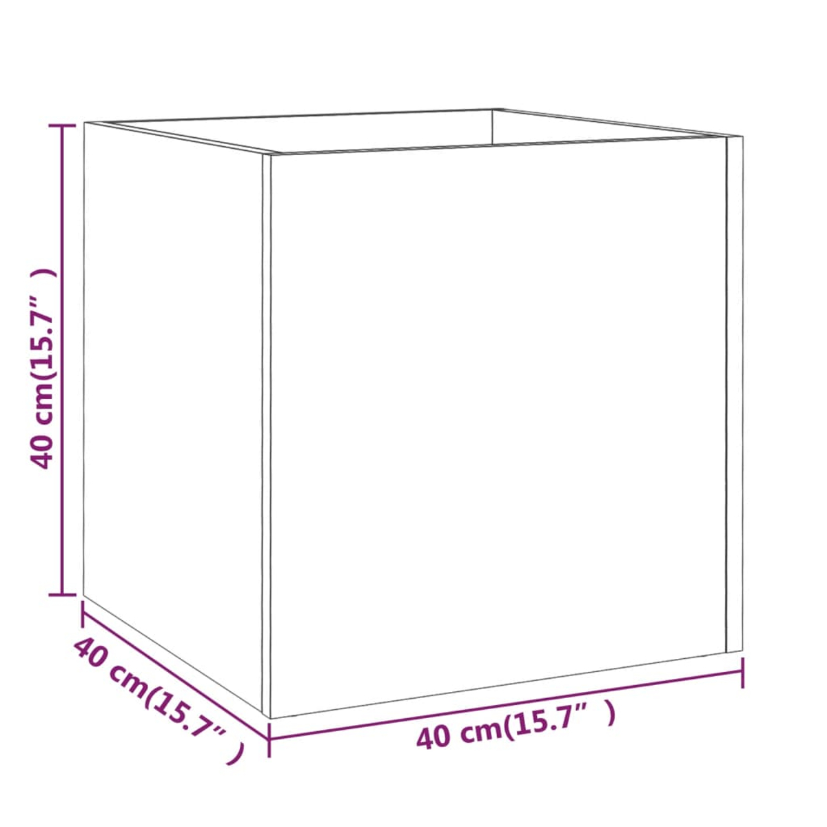 Ein Diagramm zeigt einen Würfel mit Maßen. Jede Seite ist 40 cm (15,7 Zoll). Der Würfel ist oben offen.