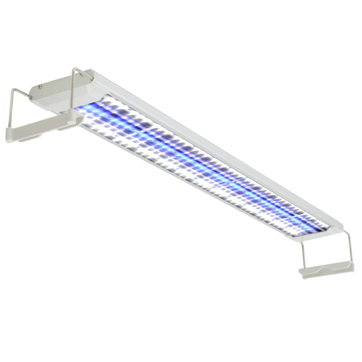 Eine weiße LED-Aquarienlampe mit blauen und weißen Lichtern. Sie hat Metallhalterungen zur Befestigung. Der Hintergrund ist weiß.