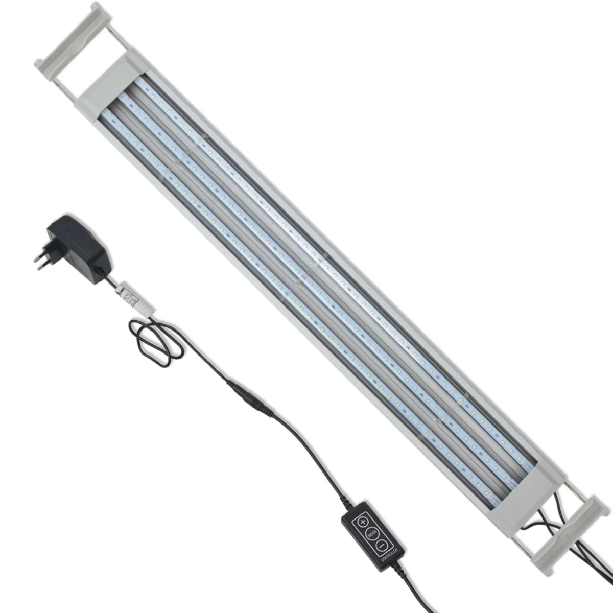 Eine lange, graue LED-Leuchte mit Netzteil und Controller. Die Leuchte hat mehrere LED-Reihen.