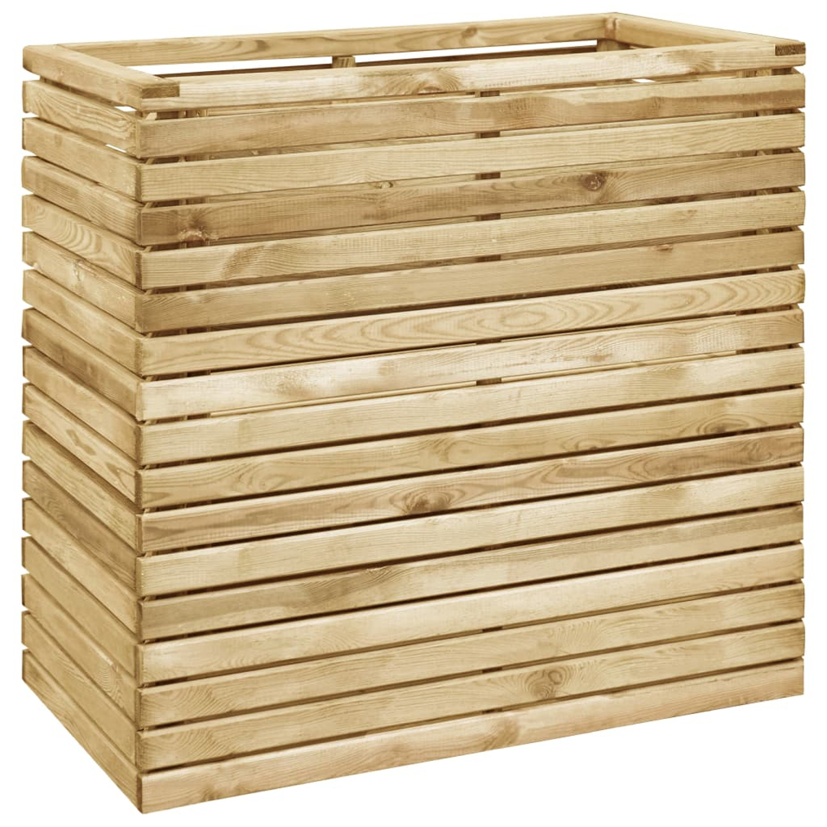 Ein rechteckiger Pflanzkasten aus Holz. Er besteht aus horizontalen Holzlatten mit einem einfachen oberen Rahmen.