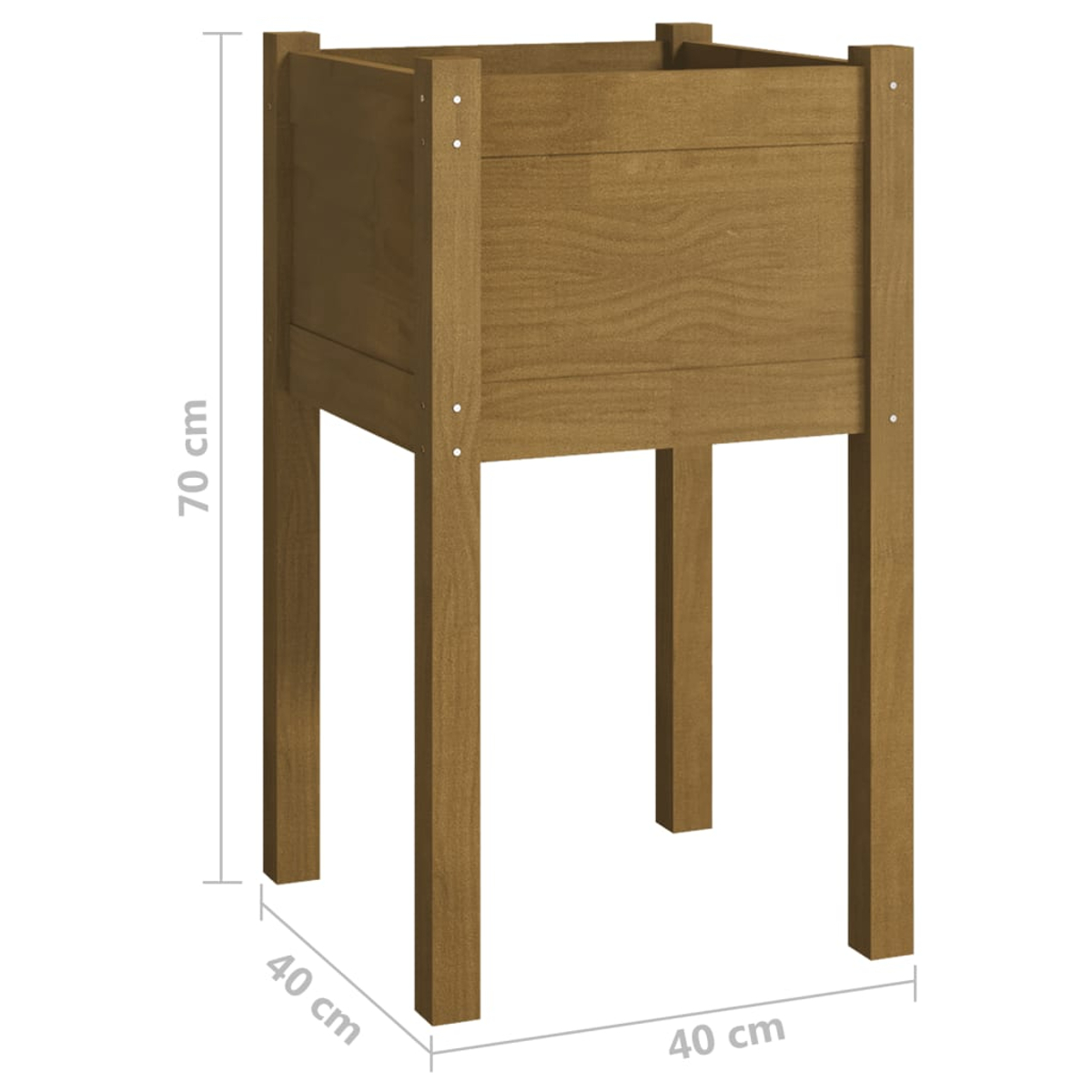 Ein hölzerner Pflanzkasten mit vier Beinen. Er ist hellbraun. Die Abmessungen sind: 70 cm hoch und 40 cm breit.