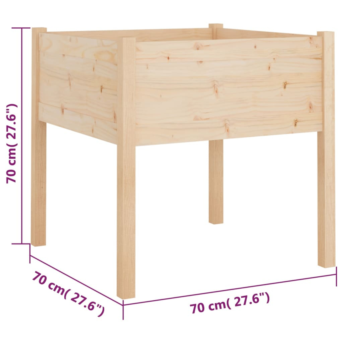 Ein erhöhtes Gartenbeet aus Holz, die Abmessungen sind in alle Richtungen mit 70 cm (27,6") angegeben. Das Beet ist leer und neu.