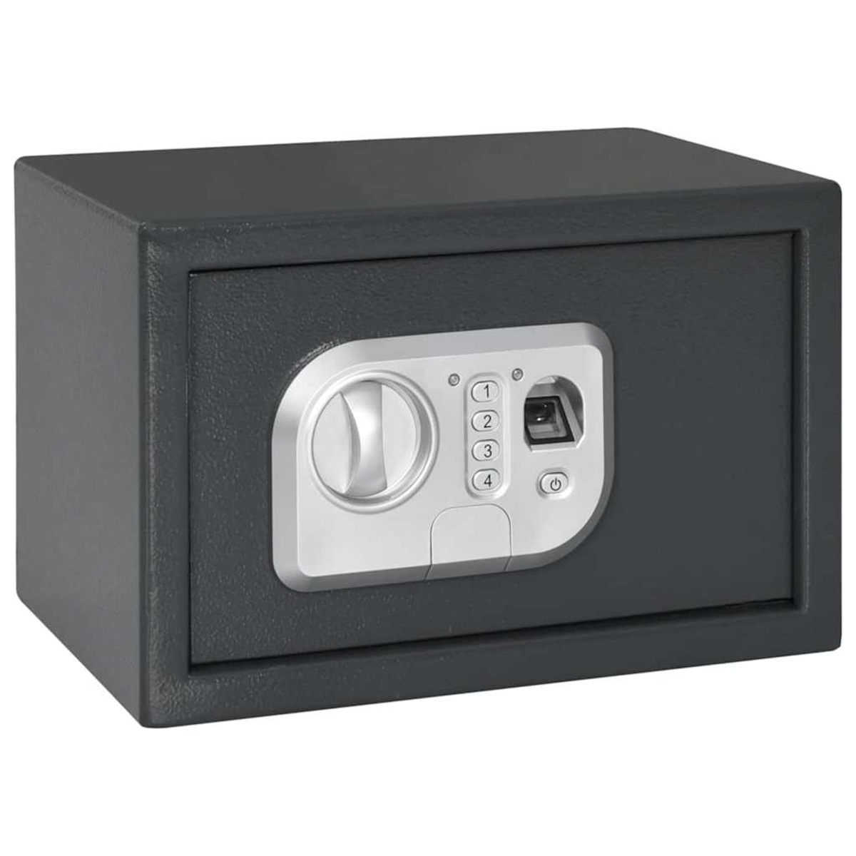 Ein dunkelgrauer Safe mit digitaler Tastatur, Fingerabdruckscanner und Drehknopf. Die Zahlen 1-4 sind auf der Tastatur sichtbar.