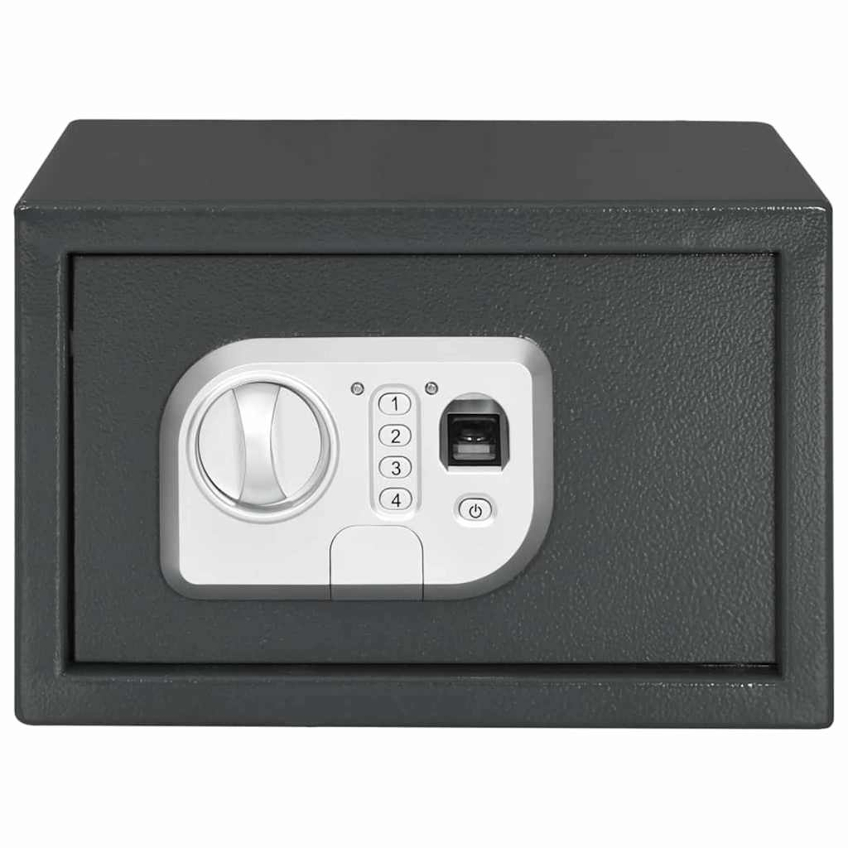 Ein dunkelgrauer Safe mit digitaler Tastatur, Fingerabdruckscanner und Drehknopf. Er hat vier nummerierte Tasten und eine Ein-/Aus-Taste.