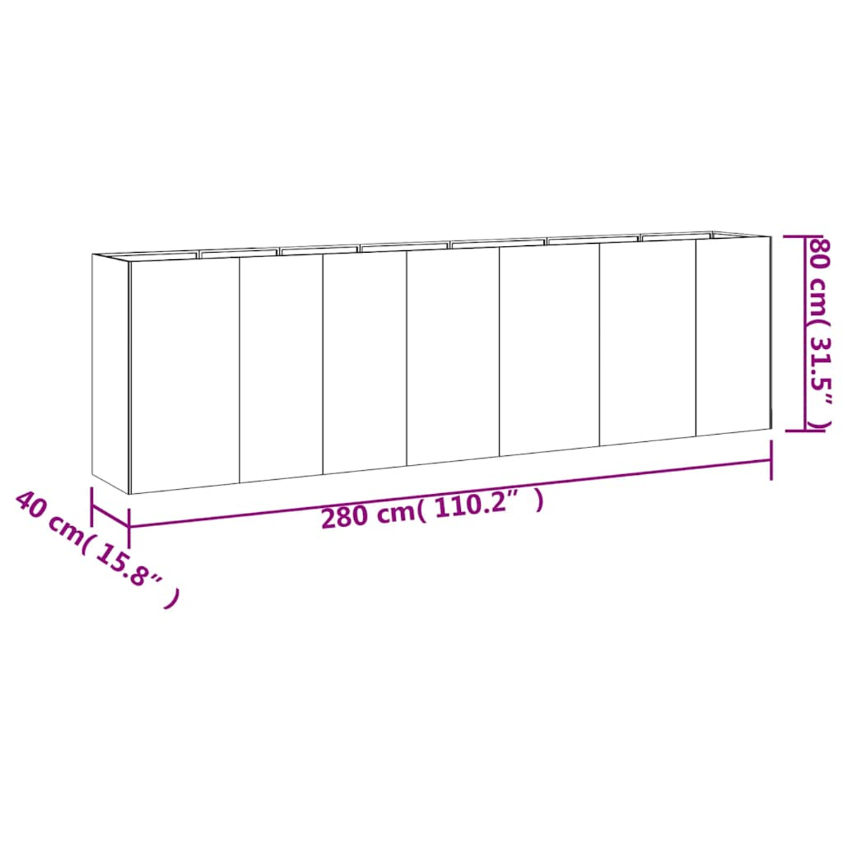 Ein weißer Schrank mit sieben Türen, Abmessungen: 280 cm (110,2 Zoll), 80 cm (31,5 Zoll) und 40 cm (15,8 Zoll).