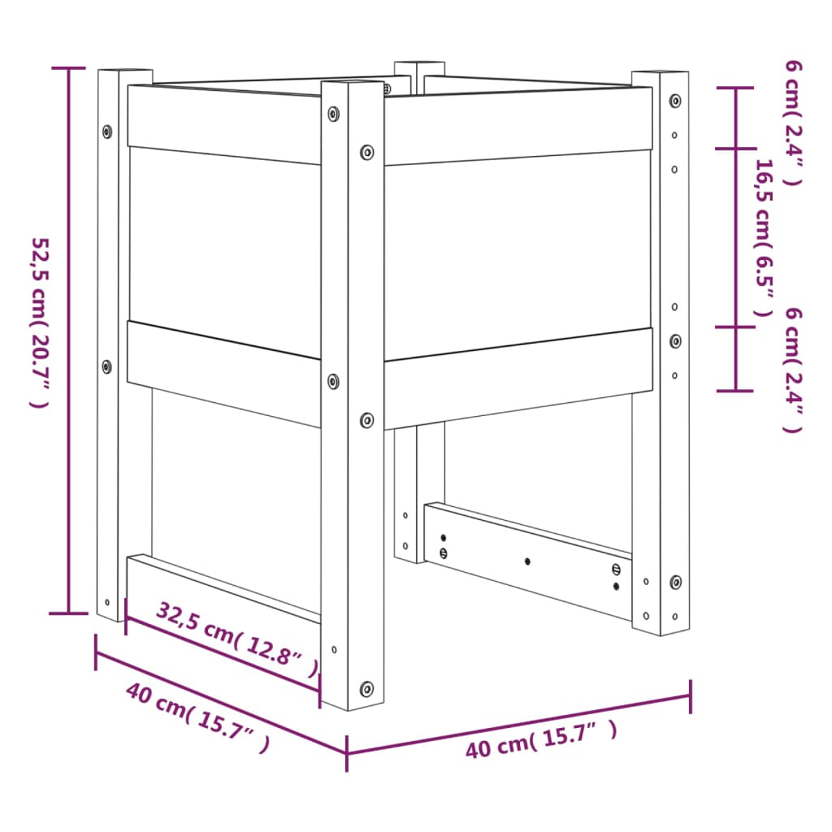Ein quadratischer Holzrahmen mit Maßangaben. Es scheint ein kleiner Tisch oder Ständer zu sein, detailliert mit Abmessungen in cm und Zoll.