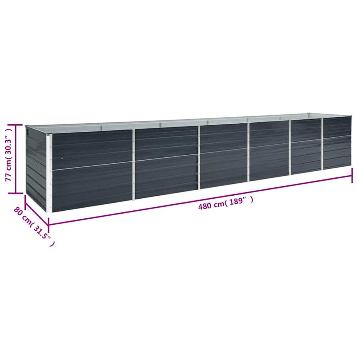 Eine lange, dunkelgraue Metall-Pflanzkasten. Abmessungen: 480cm lang, 80cm breit und 77cm hoch. Weißer Hintergrund.