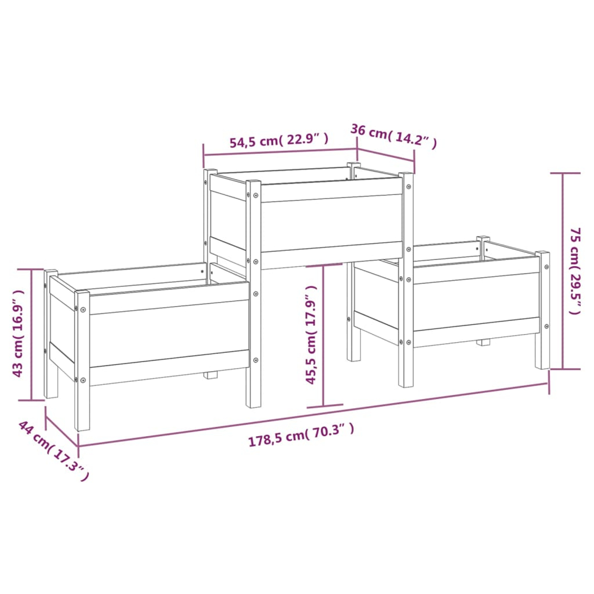 Diagramm eines Holzpflanzgefäßes mit Maßen: 178,5 cm lang, 75 cm hoch. Es hat drei Abschnitte, mit angegebenen Maßen.