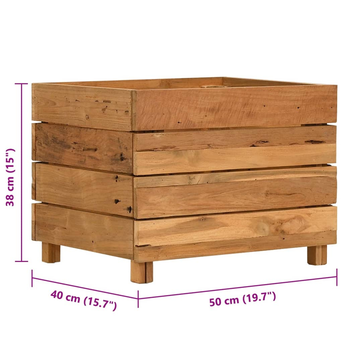 Rechteckiger Pflanzkasten aus Holz. Er ist aus hellbraunem Holz gefertigt und hat vier kurze Beine. Abmessungen in cm und Zoll.