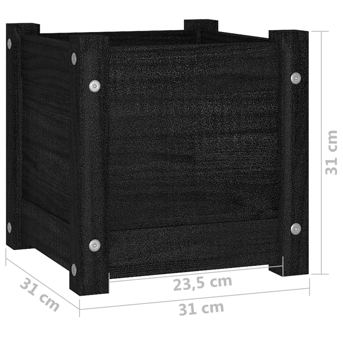 Eine schwarze quadratische Pflanzkiste aus Holz mit beschrifteten Abmessungen. Sie hat sichtbare Schrauben und ist für den Außenbereich bestimmt.