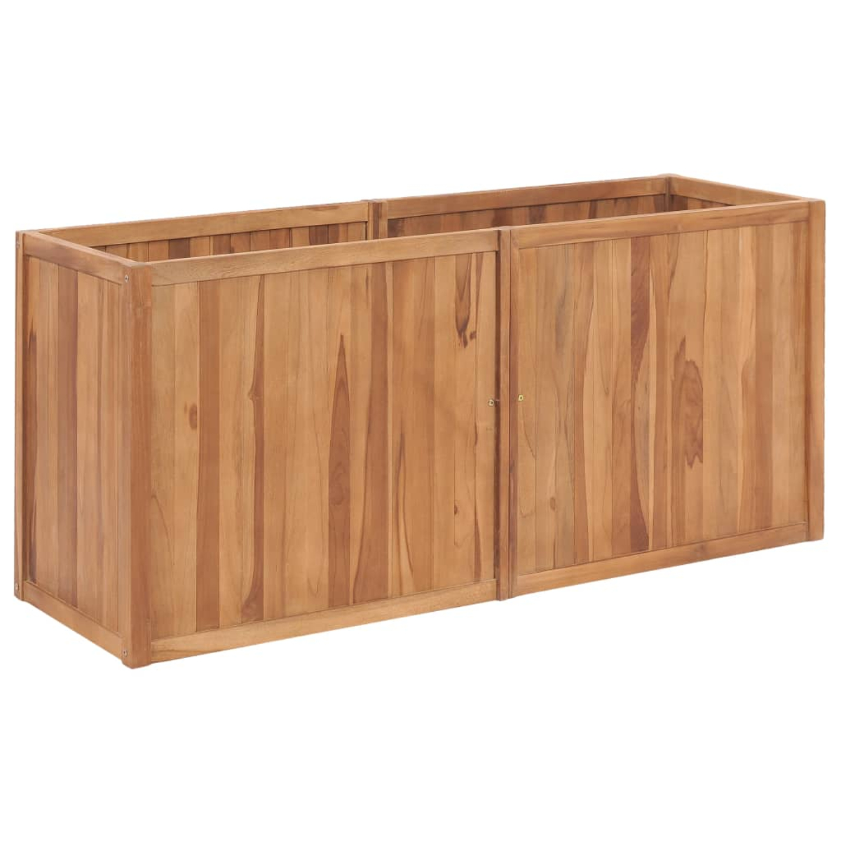 Eine rechteckige Pflanzkasten aus Holz mit vertikalen Brettern. Er hat zwei Abschnitte mit einer Mitteltür und ist innen leer.