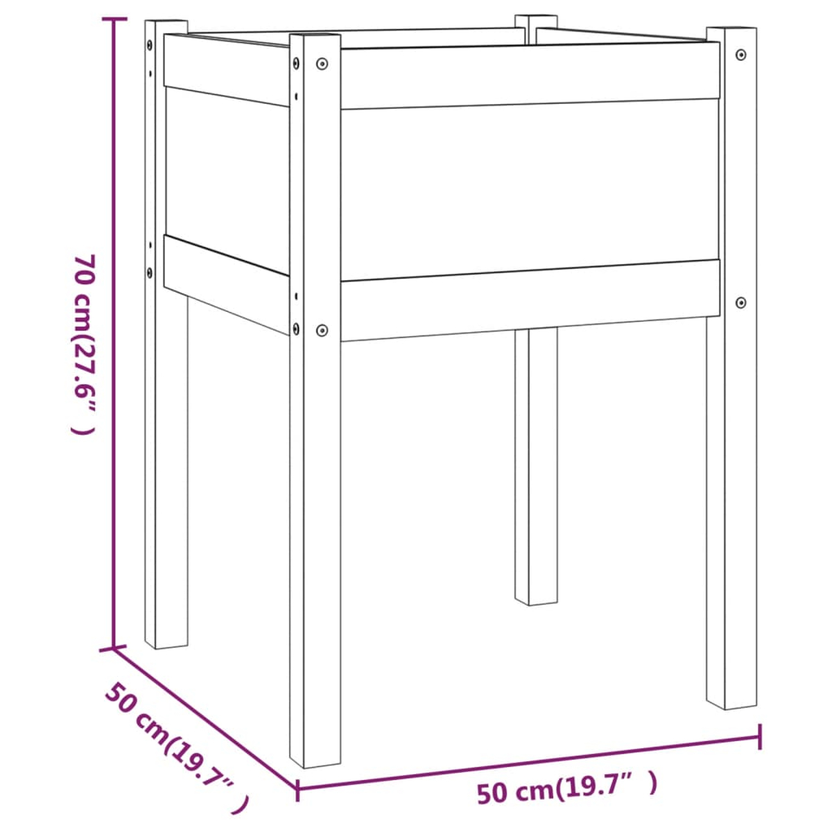 Ein Holzpflanzkasten mit Beinen. Abmessungen: 70 cm hoch, 50 cm breit und lang.