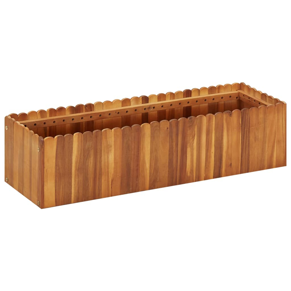 Rechteckiger Pflanzkasten aus Holz. Vertikale Bretter bilden die Seiten, mit einem gezackten oberen Rand. Hellbraune Farbe, scheint neu zu sein.