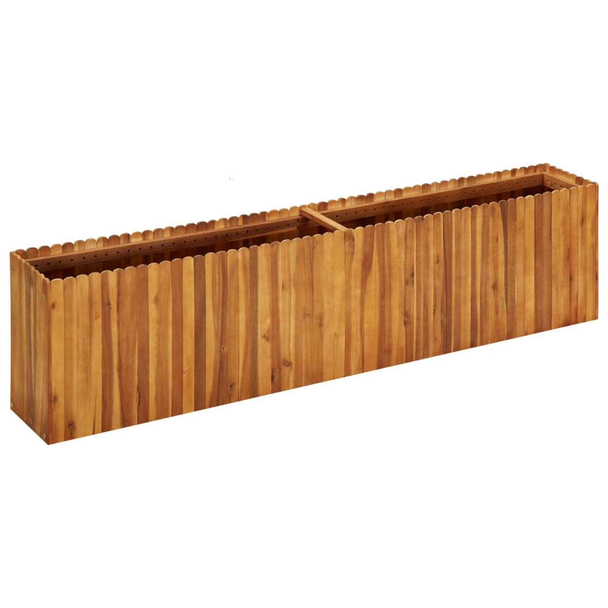 Eine lange, rechteckige Holzpflanzkasten mit gewellten Kanten. Die Box besteht aus vertikalen Holzlatten und hat eine natürliche Holzfarbe.