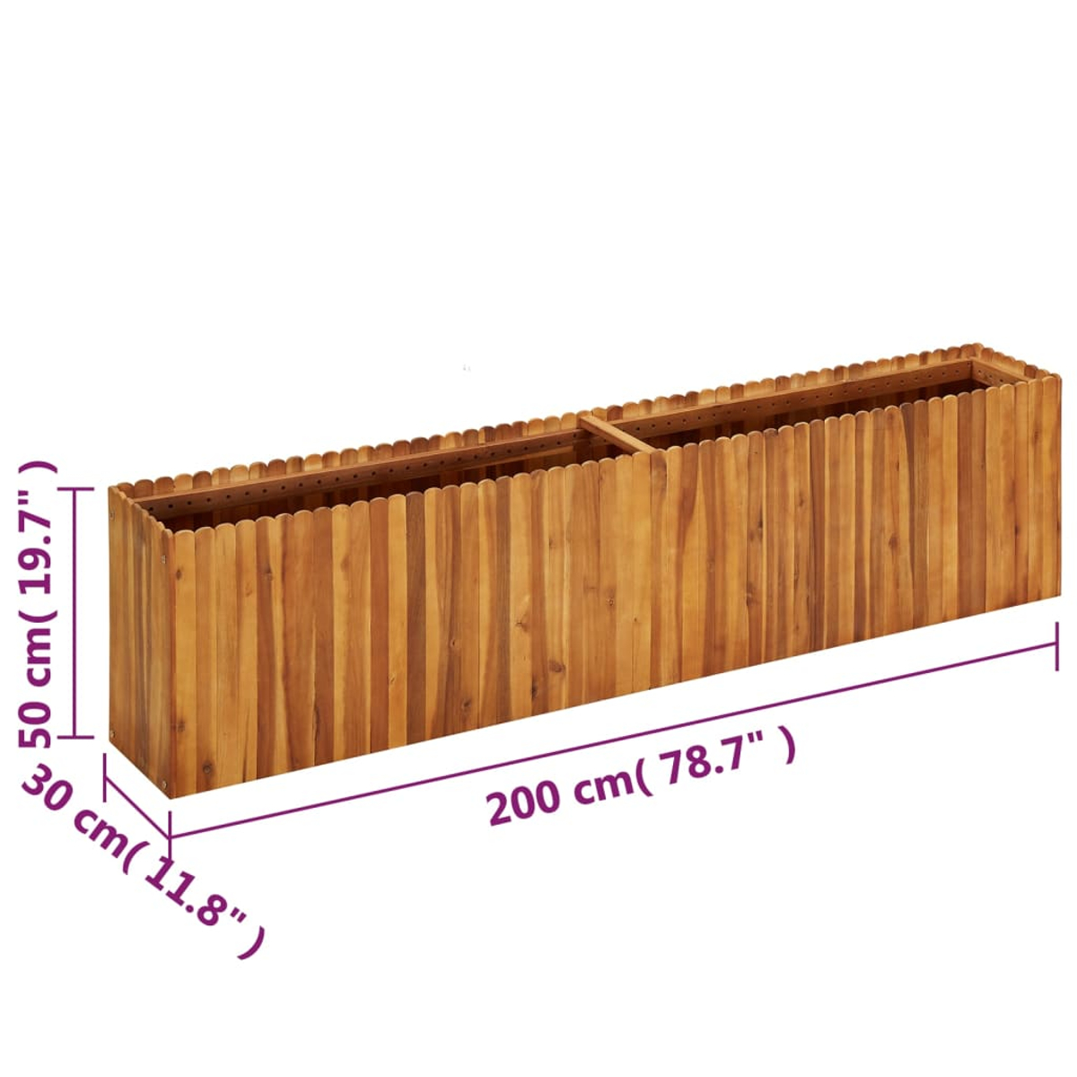 Eine lange, rechteckige Holzpflanzkasten. Die Abmessungen sind beschriftet: 200cm lang, 50cm hoch und 30cm breit. Das Holz ist hellbraun.