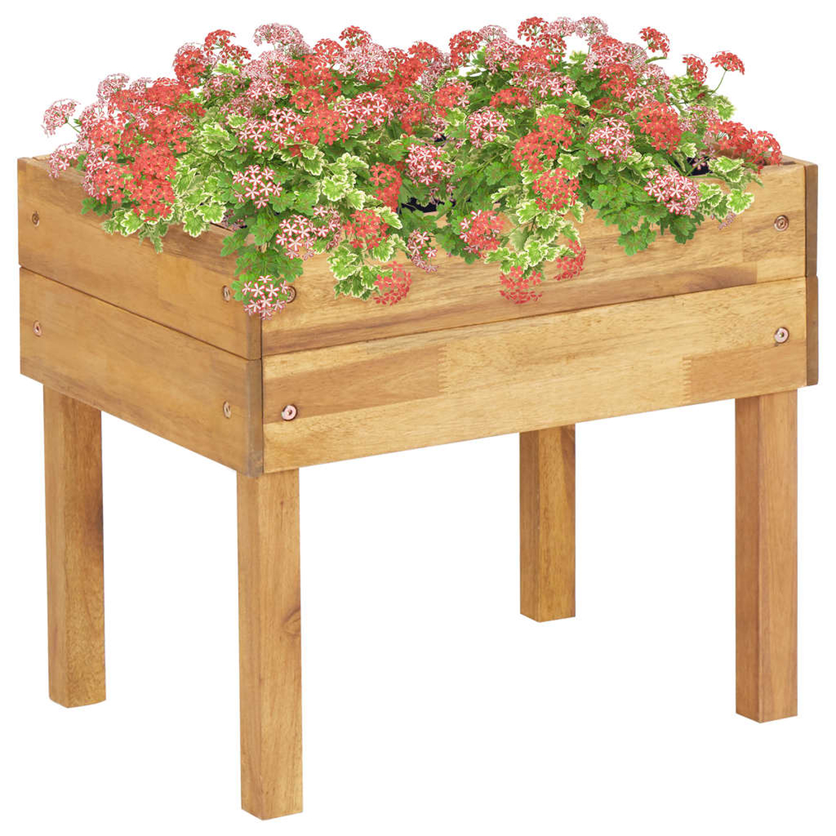 Holzpflanzkasten mit roten und grünen Blumen. Die Kiste steht auf vier Holzbeinen. Weißer Hintergrund.
