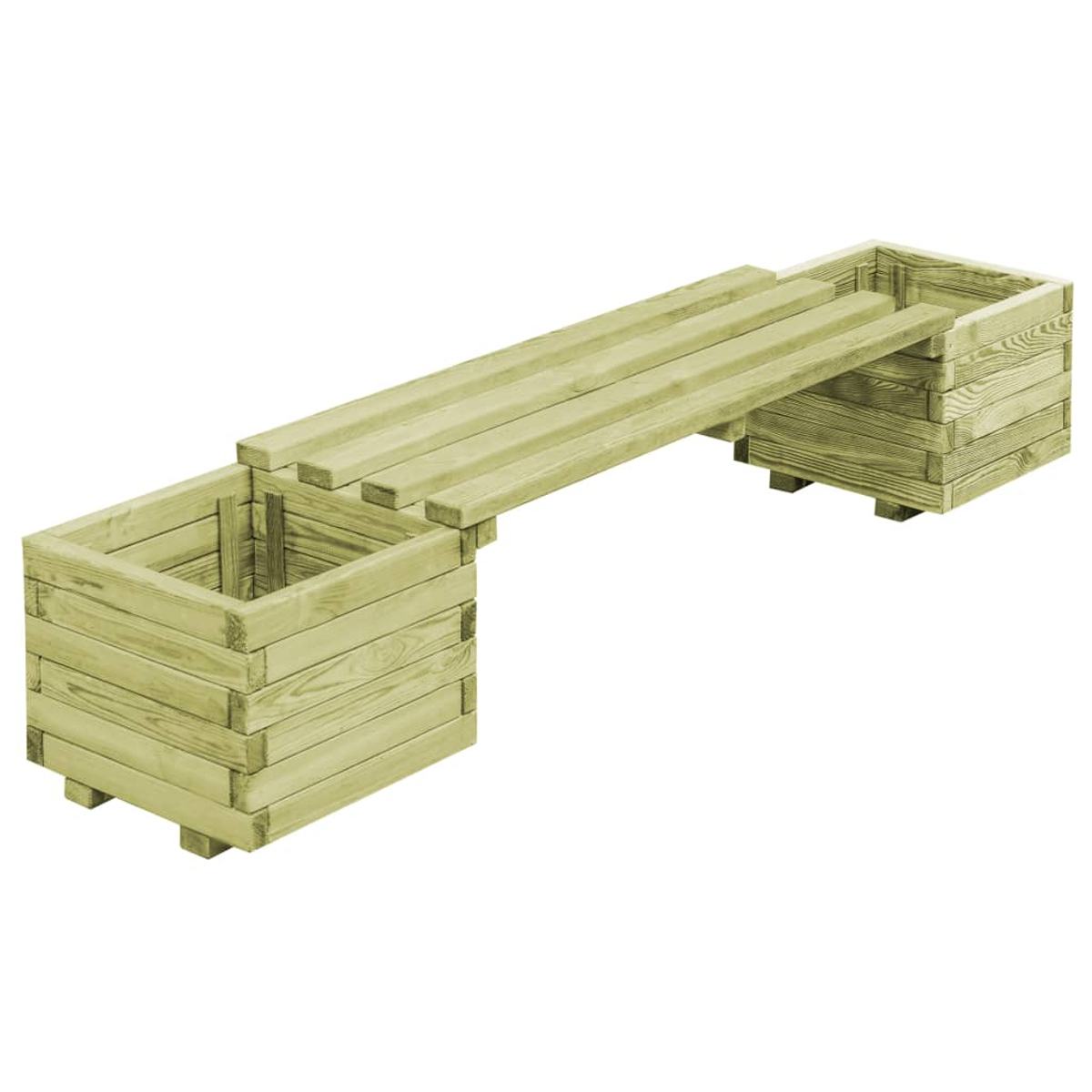 Eine Holzbrücke auf weißem Hintergrund. Zwei quadratische Pflanzkästen sind durch Holzplanken verbunden, die eine Brücke bilden.