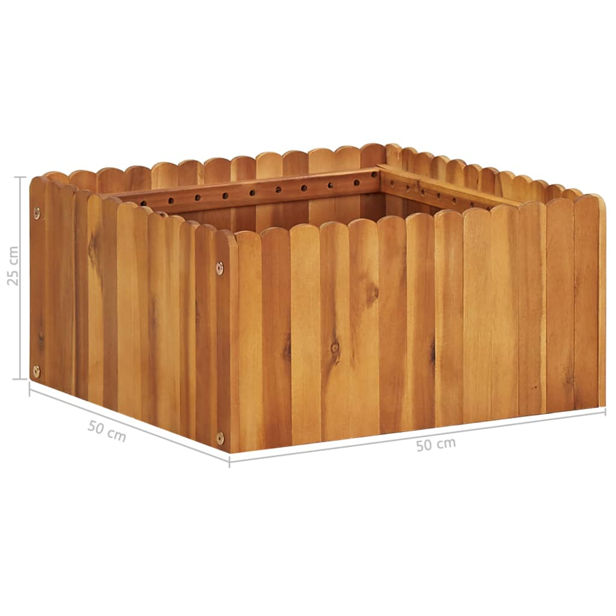 Rechteckiger Holzpflanzkübel mit wellenförmigen Kanten. Maße: 50x50x25 cm. Schrauben sind sichtbar. Auf weißem Hintergrund.