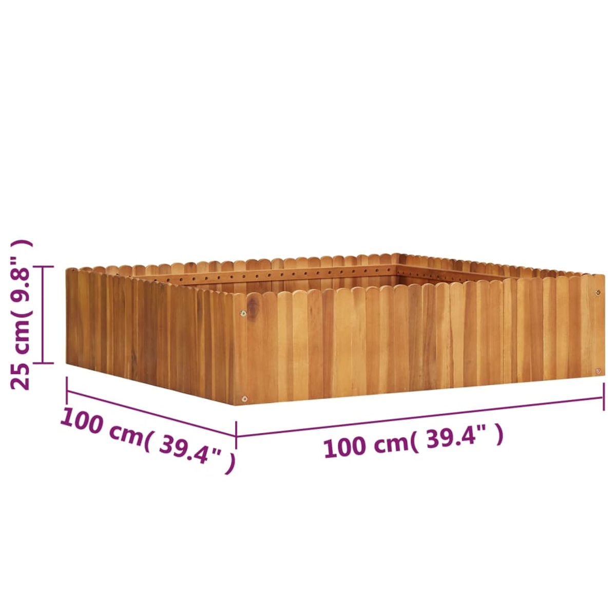 Ein rechteckiger Holzpflanzkasten, 100 cm x 100 cm x 25 cm, mit einem wellenförmigen oberen Rand. Das Holz ist hellbraun.