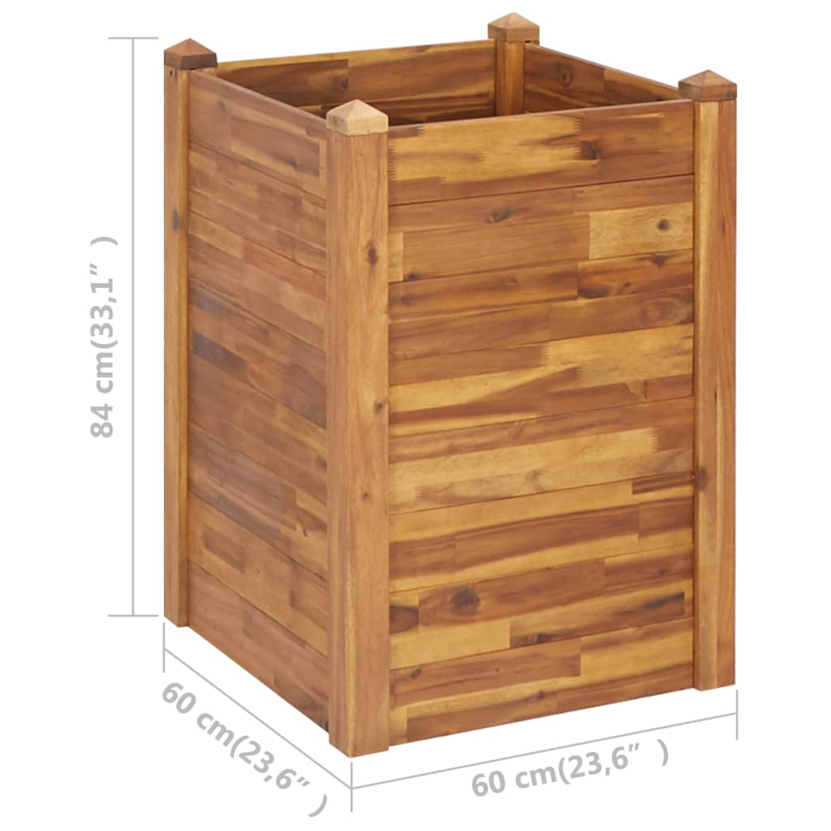 Ein hölzerner Pflanzkasten. Es ist braun und quadratisch, mit beschrifteten Abmessungen. Es besteht aus Holzbrettern.