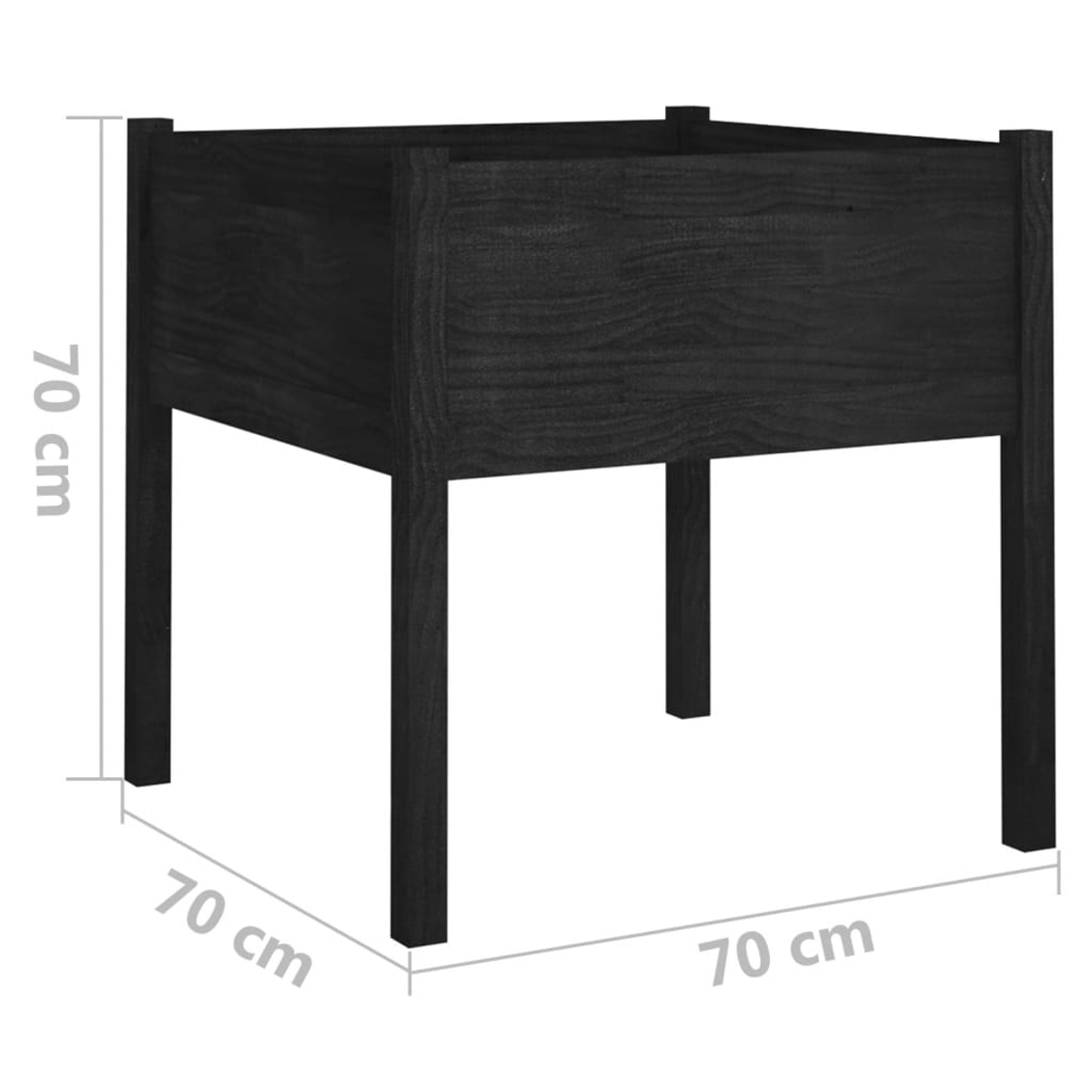 Ein schwarzes Hochbeet aus Holz, 70x70x70 cm, mit beschrifteten Abmessungen. Es hat vier Beine und ist innen leer.
