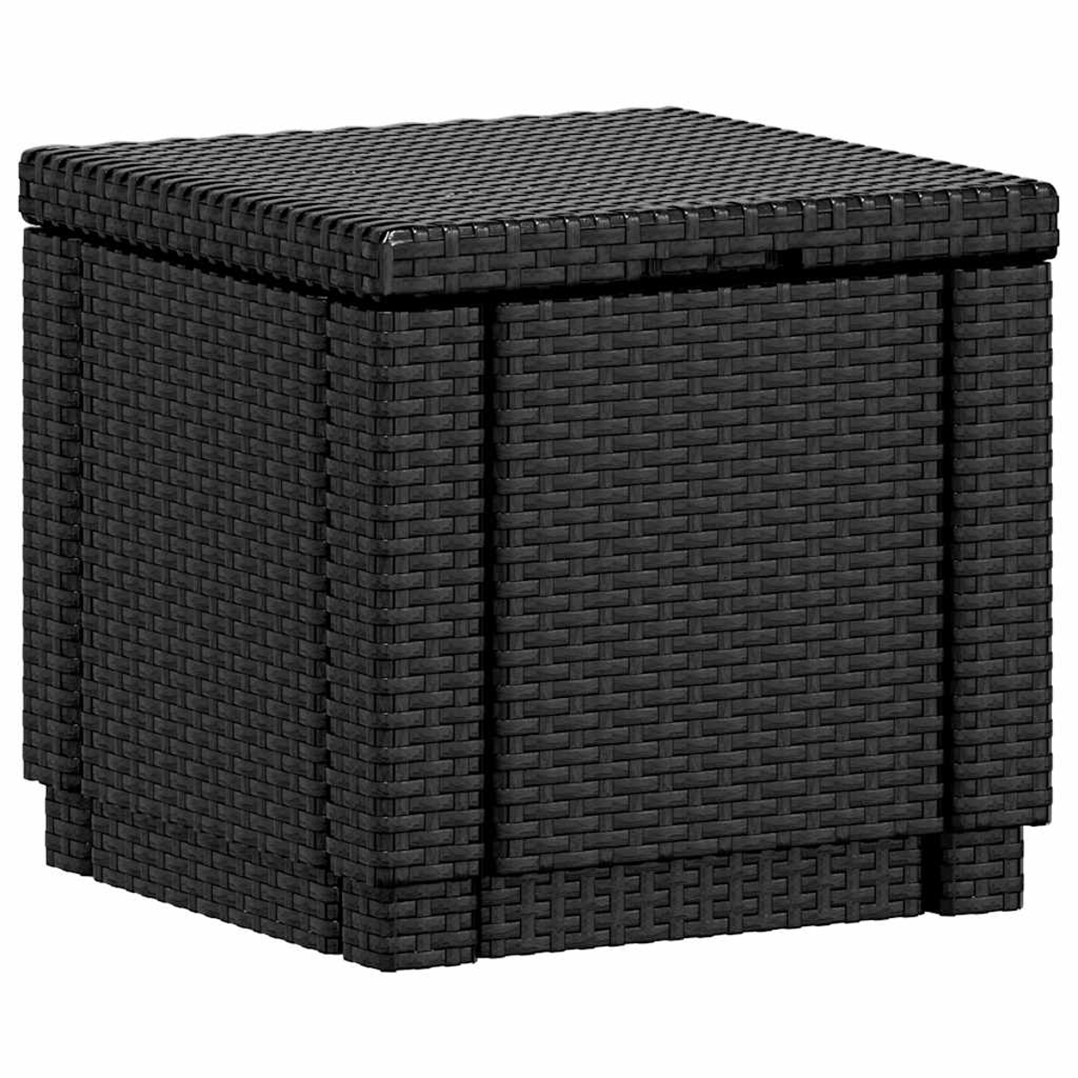Eine schwarze, quadratische Aufbewahrungsbox aus gewebtem Material. Sie hat einen Klappdeckel und eine strukturierte Oberfläche, die geflochtenem Korb ähnelt.