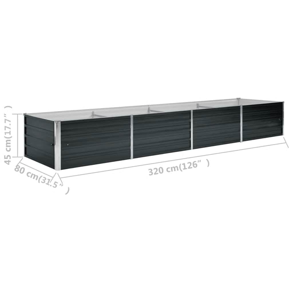 Eine rechteckige, dunkelgraue Metall-Pflanzkasten. Die Maße sind beschriftet: 320 cm lang, 80 cm breit und 45 cm hoch.