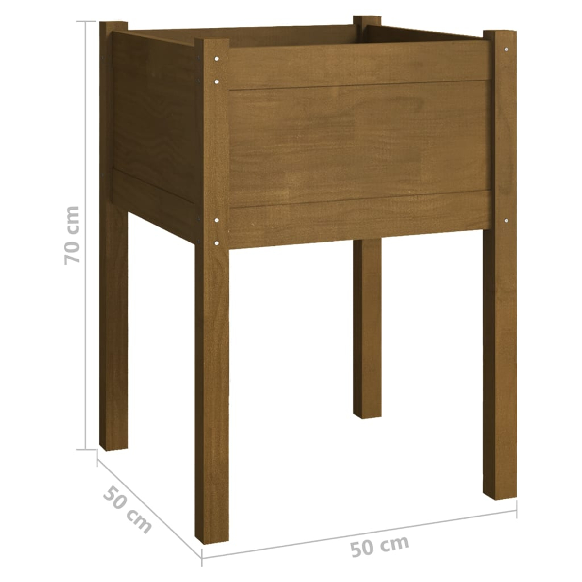 Ein erhöhter Pflanzkasten aus Holz auf Beinen. Er ist braun und hat die Maße 50x50x70 cm. Die Beine sind stabil und tragen das Beet.
