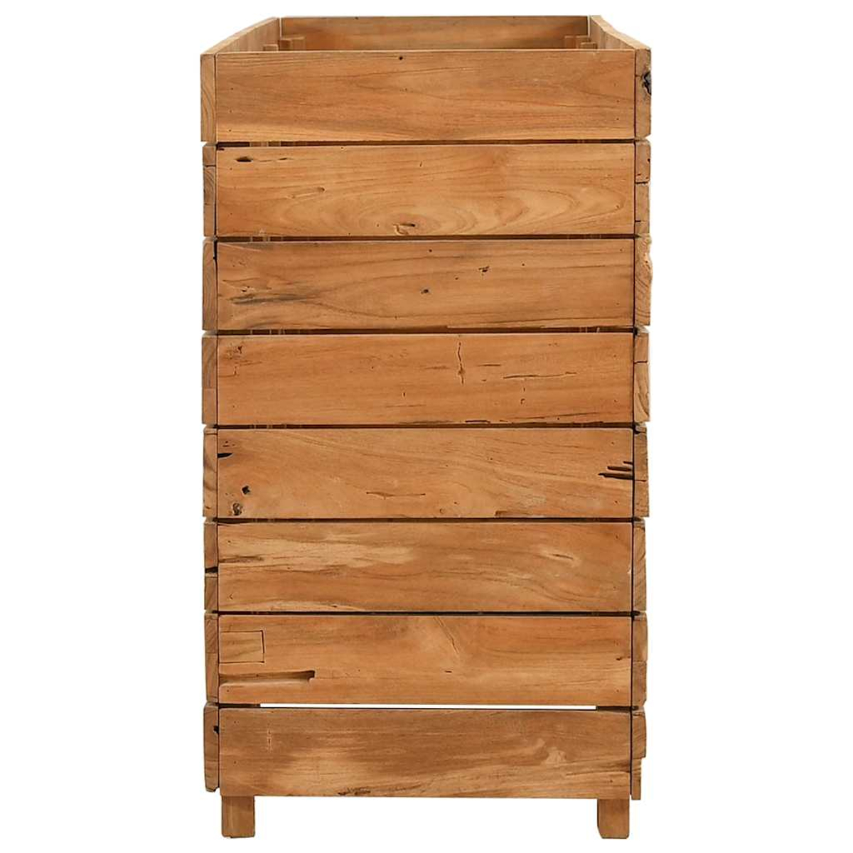Eine hohe, rechteckige Holzpflanzkasten. Er besteht aus hellbraunen, horizontalen Holzplanken mit sichtbarer Maserung.