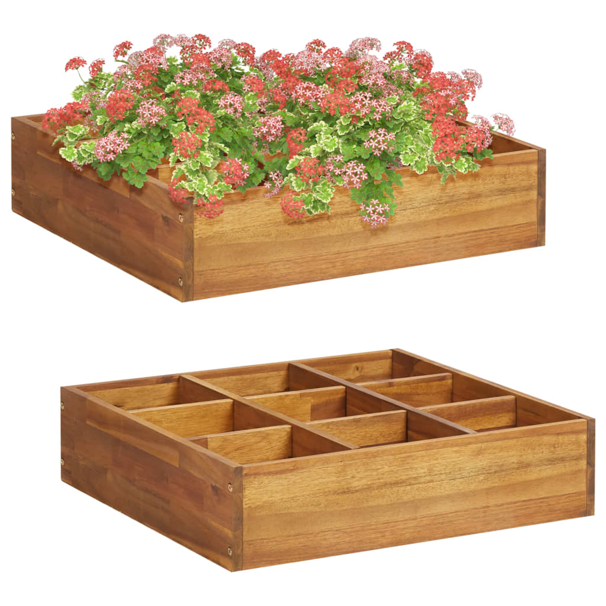 Zwei Holzpflanzgefäße. Eines gefüllt mit roten und grünen Blumen, das andere leer mit unterteilten Abschnitten.