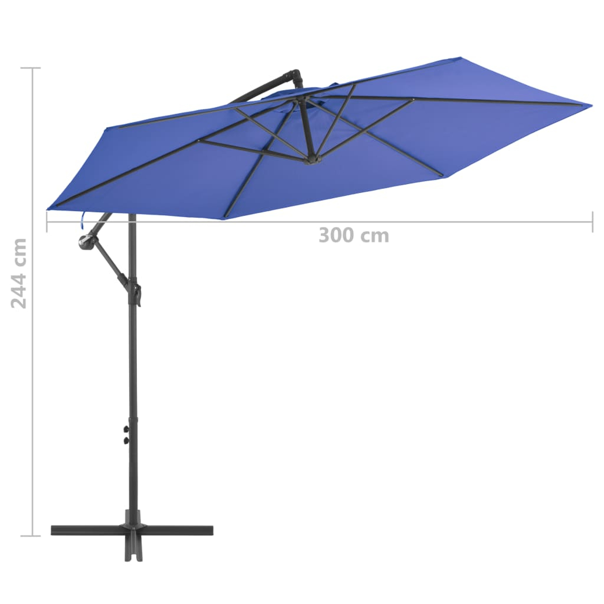Blauer rechteckiger Ausleger-Sonnenschirm. Er wird von einer schwarzen Stange und einem Ständer getragen. Die Abmessungen sind 244 cm hoch und 300 cm breit.