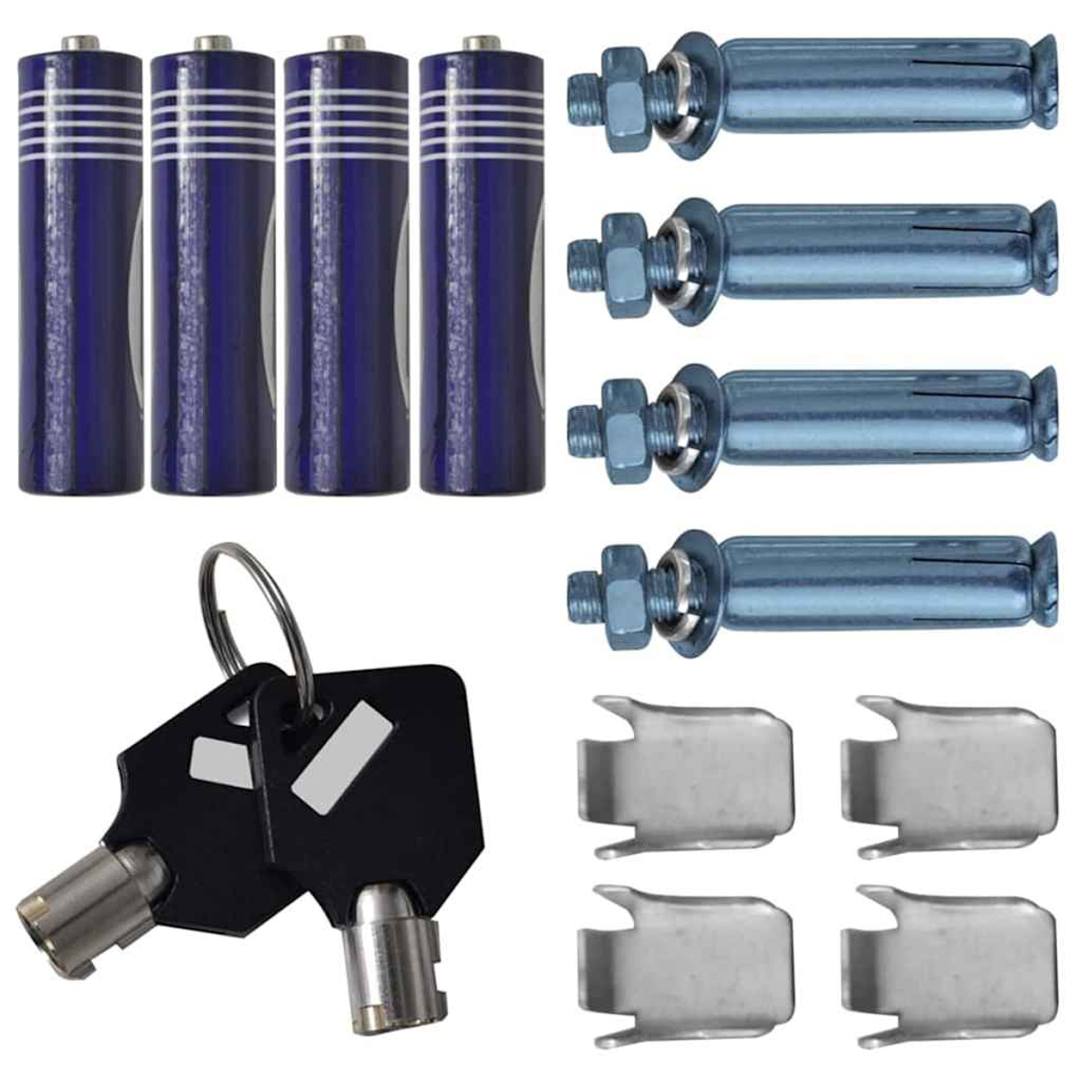 Quattro batterie blu, quattro tasselli, due chiavi e quattro clip metalliche su sfondo bianco.