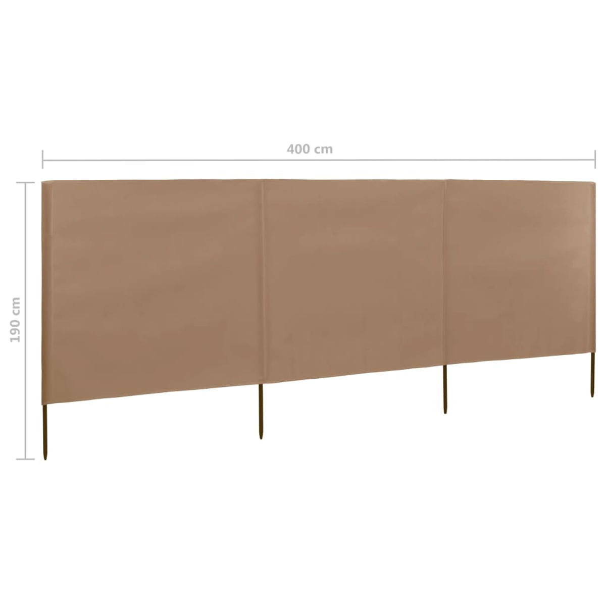 Ein beiger Sichtschutz mit Metallbeinen. Er ist 400 cm breit und 190 cm hoch.