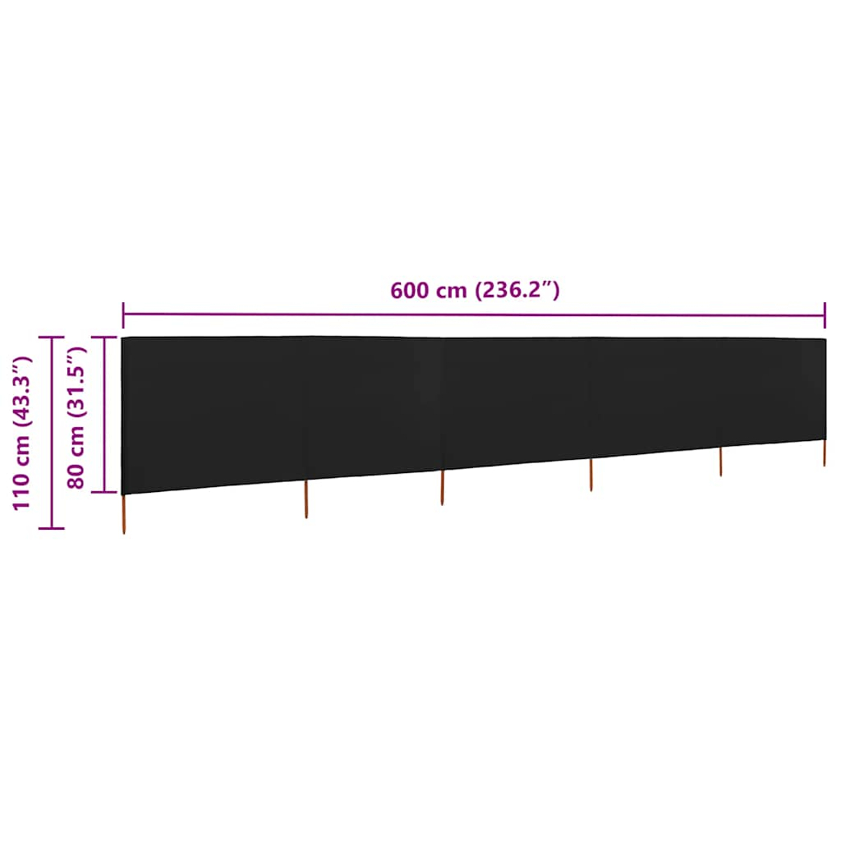 Ein schwarzer Zaun, 600 cm lang und 110 cm hoch. Er wird von Holzpfählen getragen und die Abmessungen sind angezeigt.