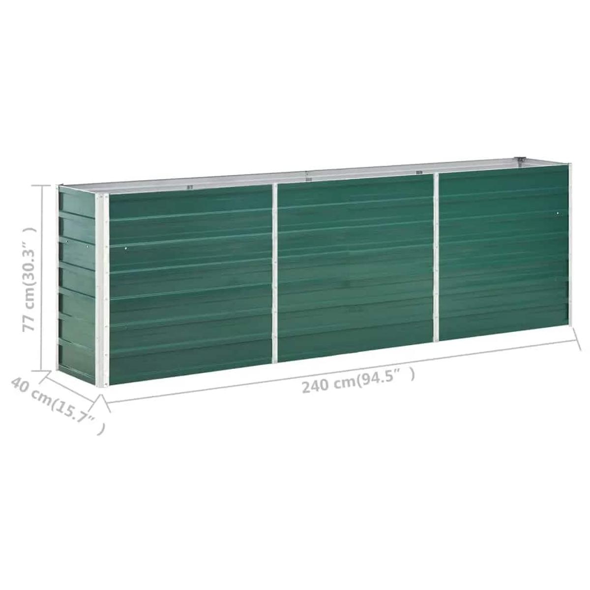 Eine grüne Metall-Gartenbox. Abmessungen: 240 cm lang, 77 cm hoch und 40 cm breit. Weißer Hintergrund.