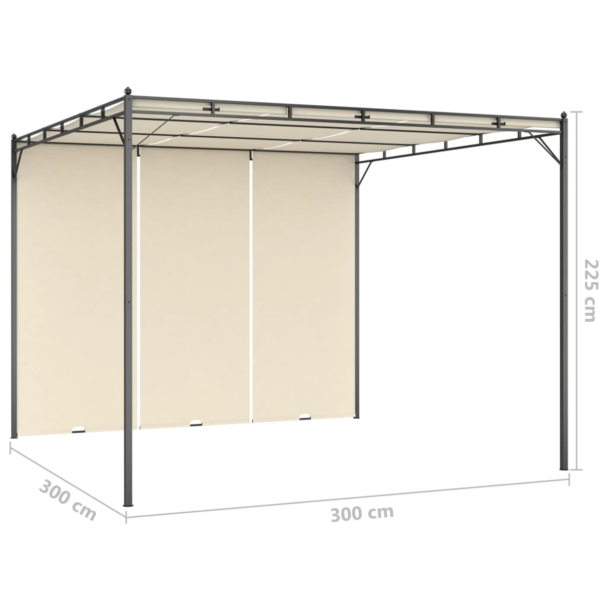 Ein beigefarbener Outdoor-Pavillon mit Metallrahmen. Der Pavillon hat Vorhänge und misst 300x300x225cm.