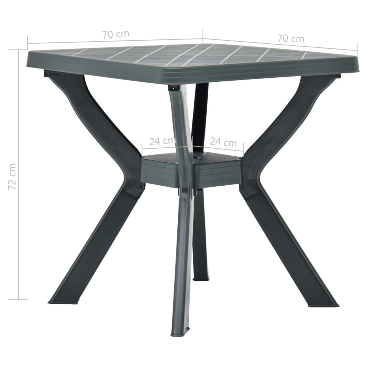 Ein quadratischer, dunkelgrauer Kunststofftisch. Er hat eine geriffelte Oberseite und abgewinkelte Beine. Abmessungen sind beschriftet: 70 cm, 72 cm und 24 cm.